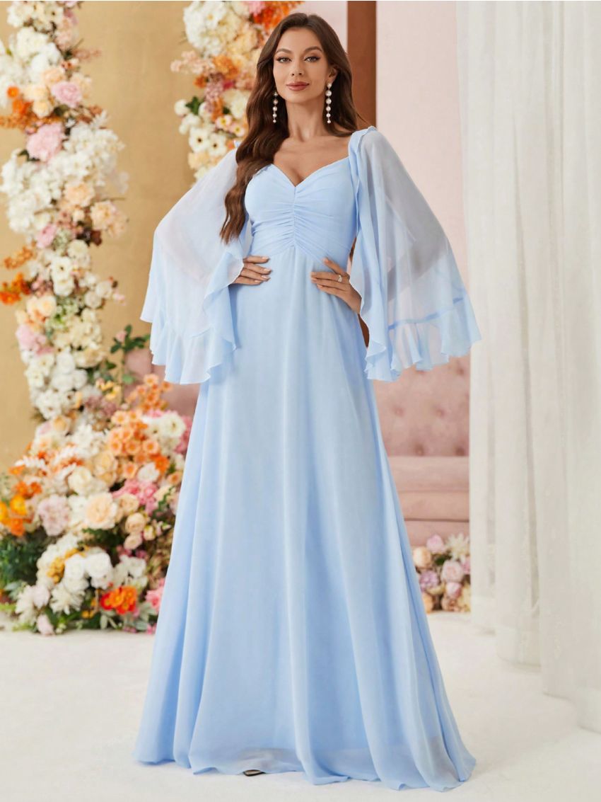 SHEIN Belle Adult Bridesmaid Dress With Layered Ruffled Hem, Pleated Bust And Umbrella Skirt Design