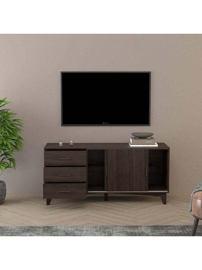 OSQI Parker TV Stand with Sliding Doors and Drawers in Dark Brown