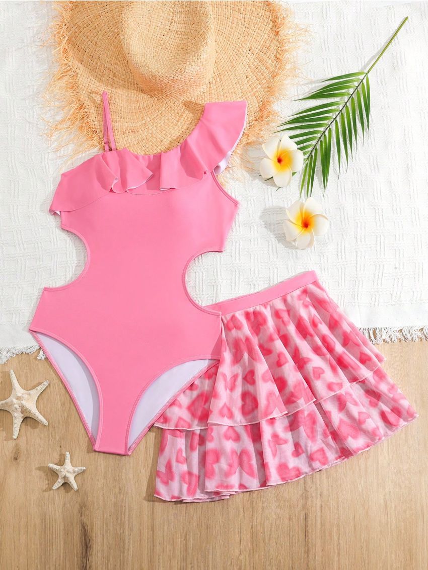 Teenage Girls' Butterfly & Heart Pattern Printed Swimsuit With Mesh Skirt