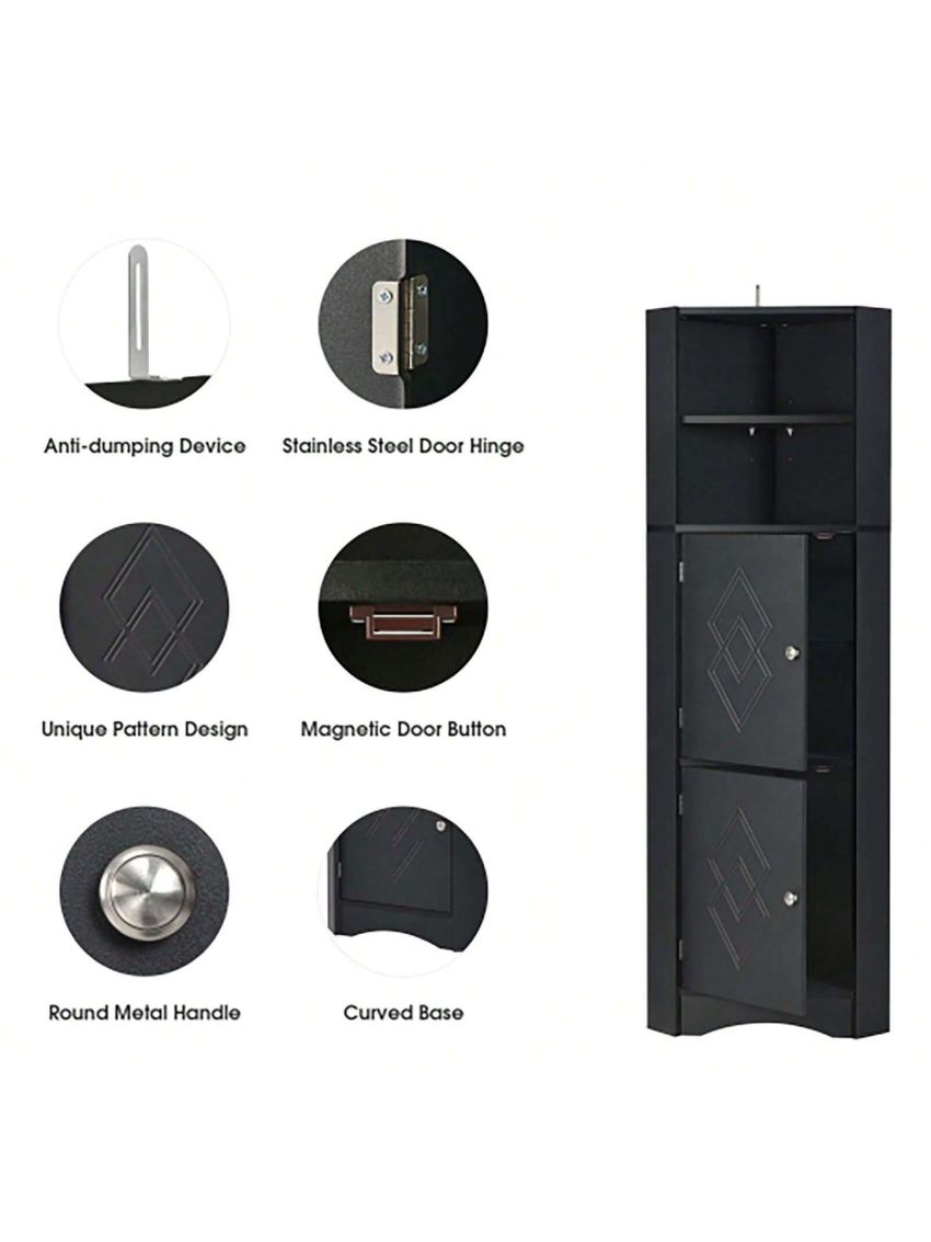 Tall Bathroom Corner Cabinet, Freestanding Storage Cabinet with Doors and Adjustable Shelves, MDF Board, Black