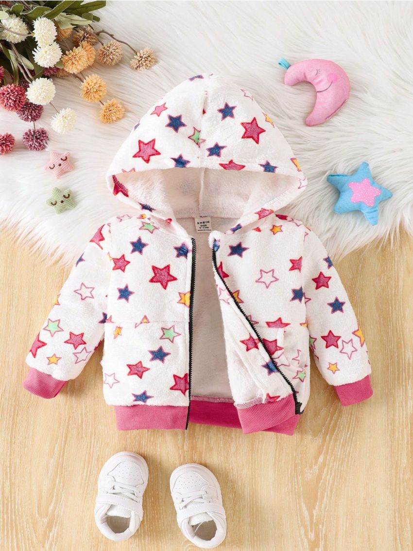 Baby Girls' Plush Long Sleeve Colorful Star Print Jacket