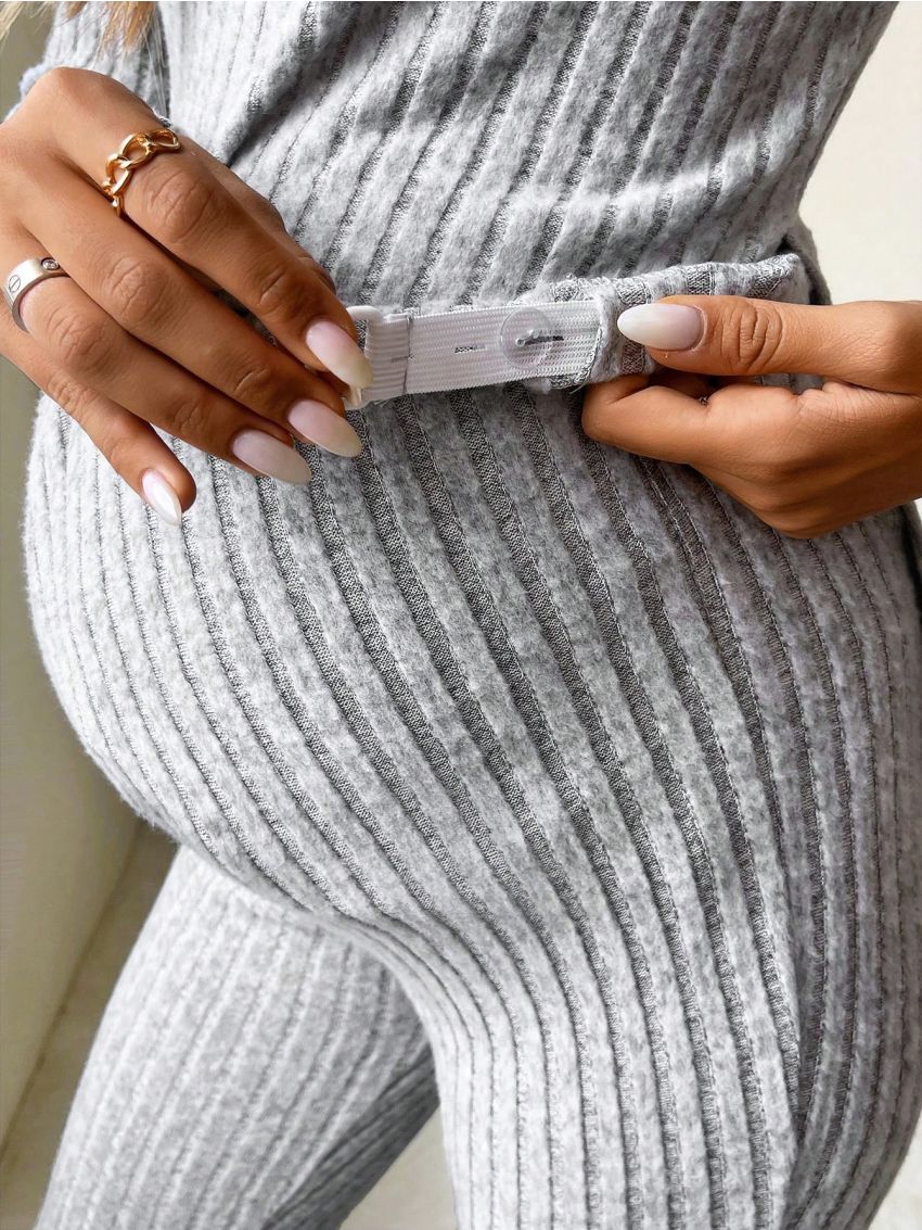 SHEIN Maternity Ribbed Knit Split Hem Tee & Adjustable Waist Flare Leg Pants