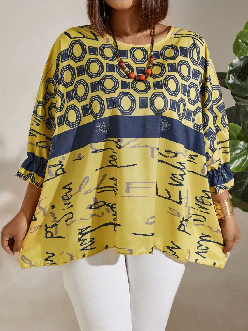Plus Size Geometric Printed Round Neck Shirt