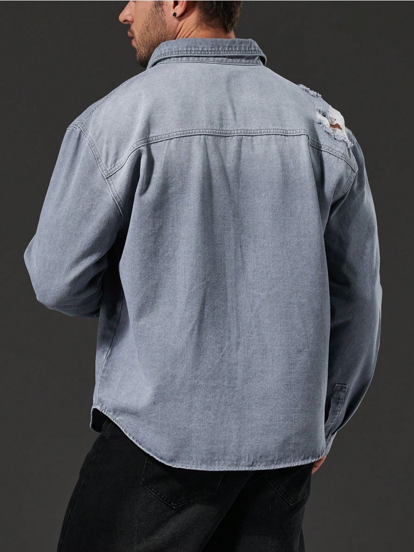 Extended Sizes Men's Plus Size Ripped Denim Shirt