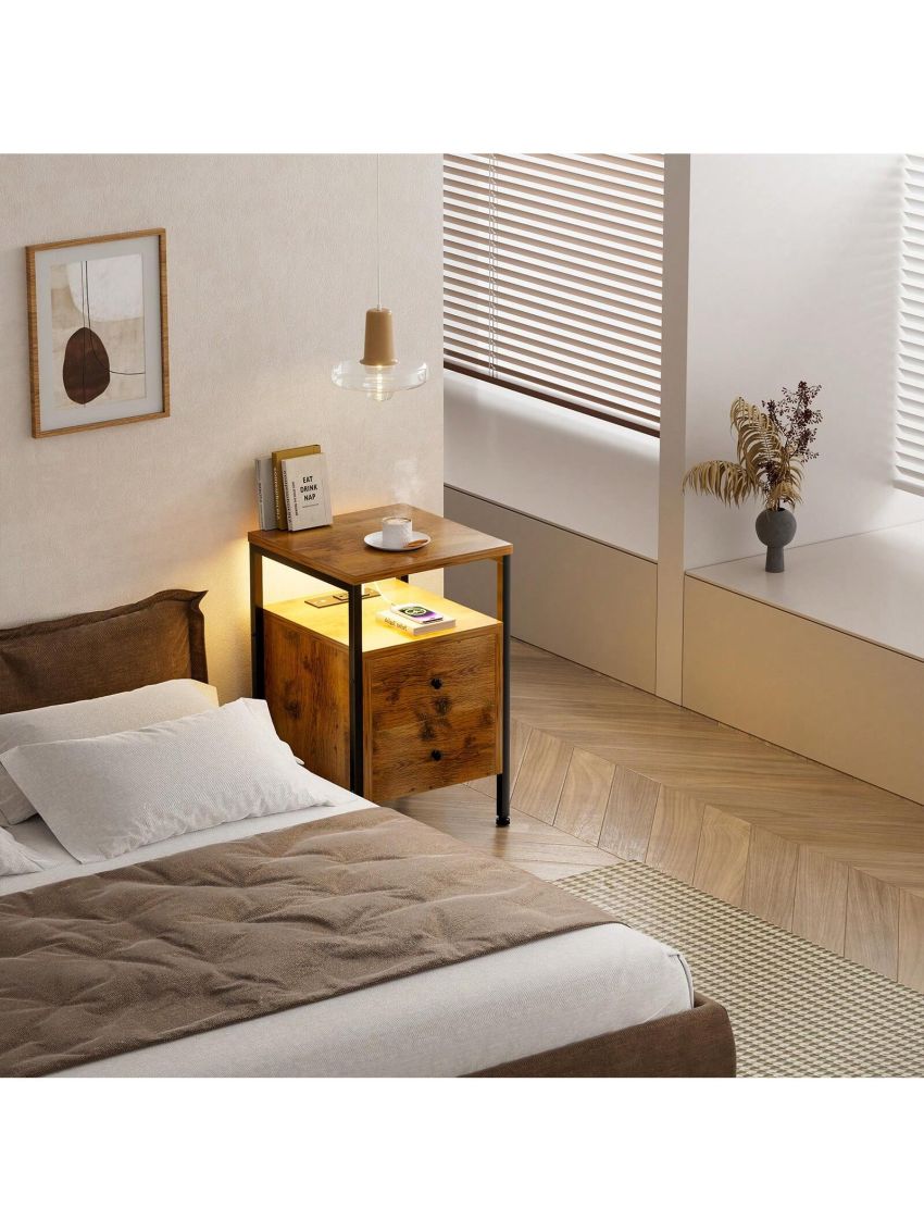 GINRGINR LED Nightstand Charging Station, Wood Nightstand with 2 Deep Drawers & Shelves, Bed Side End Table for Bedroom & Living Room, Rustic Brown, Rustic Grey, 15.7