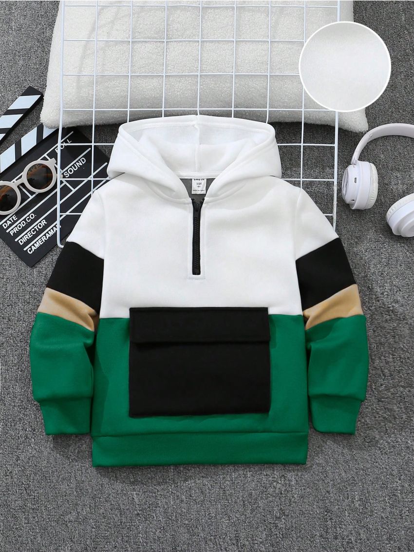 SHEIN Toddler Boys' Color Block Hoodie With Patchwork Design
