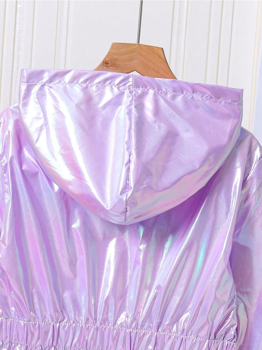 Teenage Girls' Elastic Waist Zipper Front Hooded Jacket