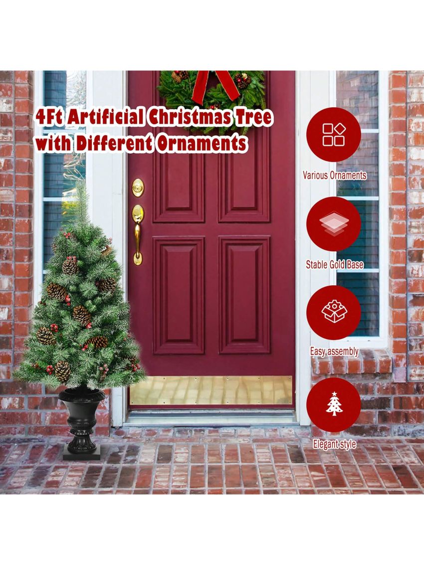 Costway 4 ft Christmas Entrance Tree with Pine Cones Red Berries and Glitter Branches