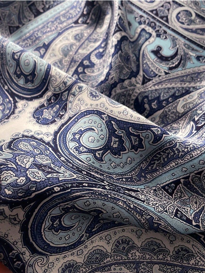 1pc Navy Blue Women's Cashew Print Square Scarf, Silk Headscarf For Daily Wear