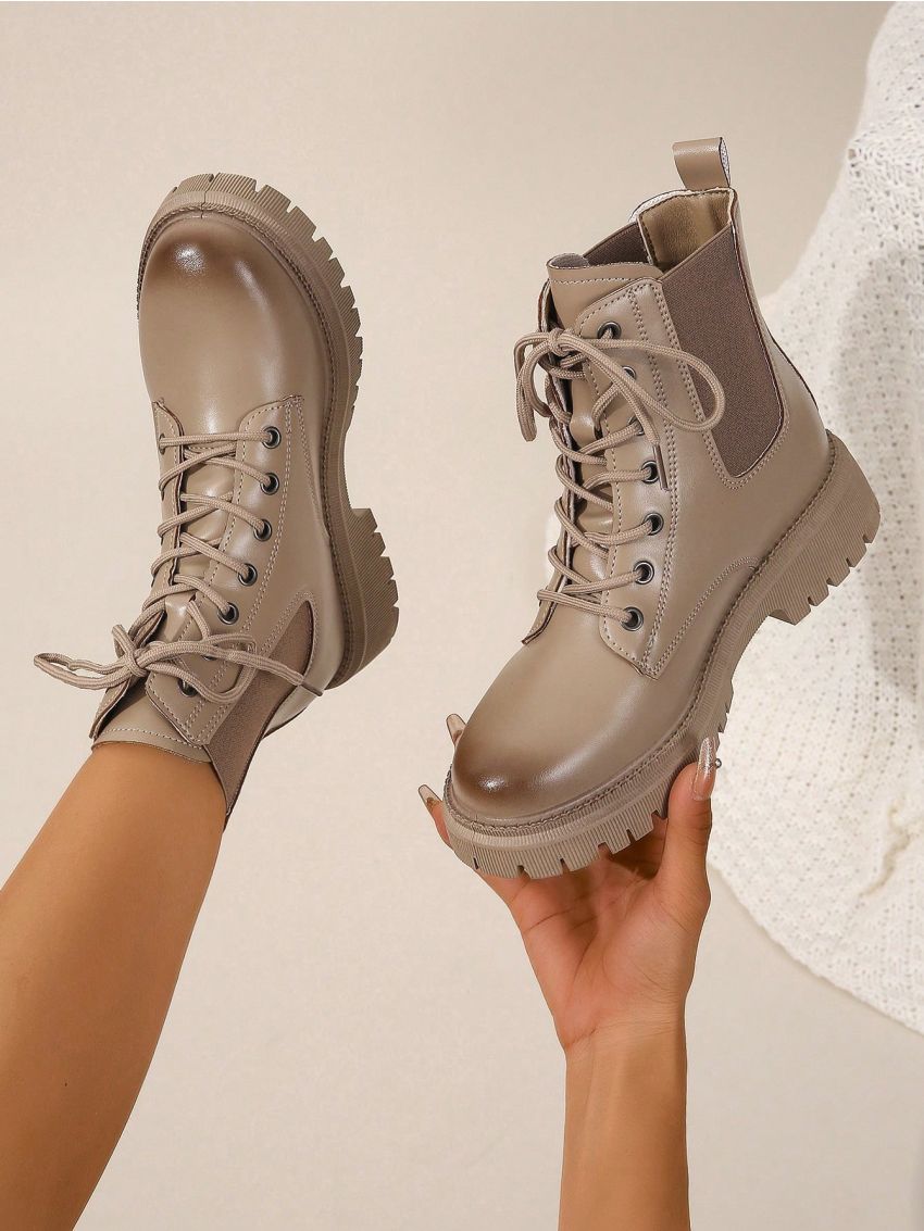 Women's Khaki Fashionable Classic Round Toe Lace-up Plus Size Boots