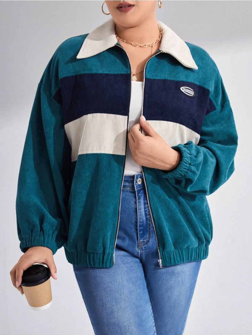 SHEIN EZwear Plus Zip Up Patched Detail Colorblock Cord Jacket