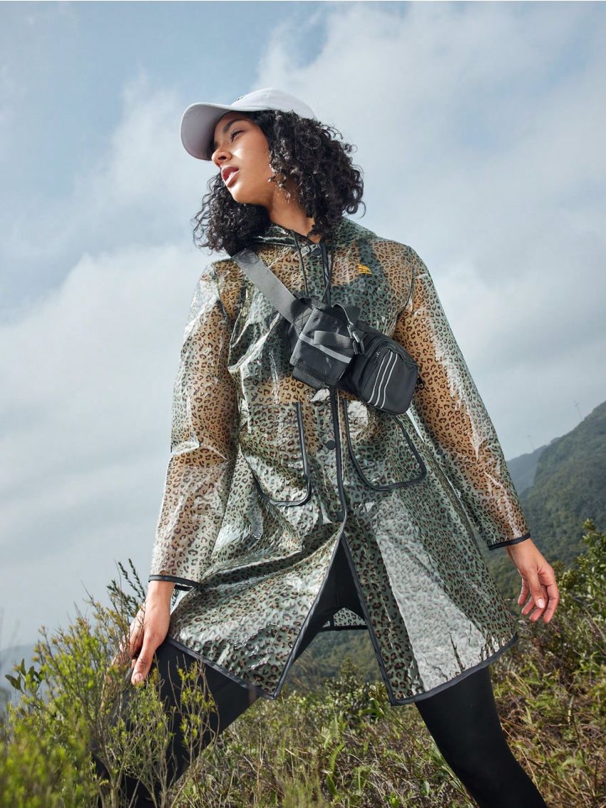 SHEIN In My Nature Women's Outdoor Leopard Printed Hooded Raincoat