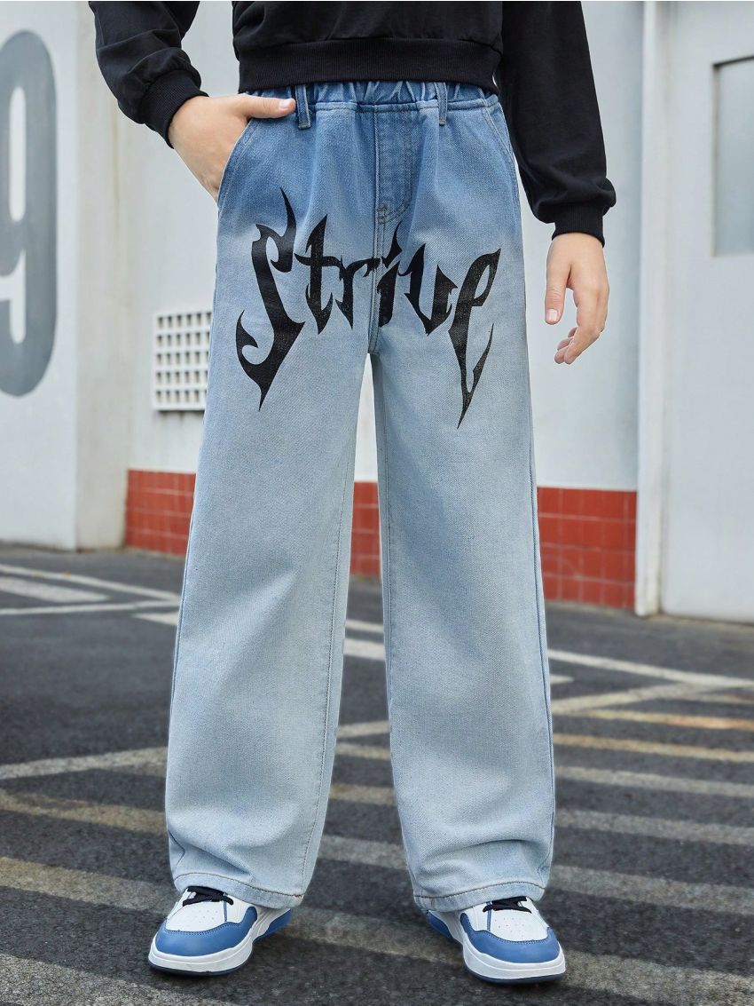 SHEIN Boys' Casual Simple Front Printed Denim Wide Leg Pants