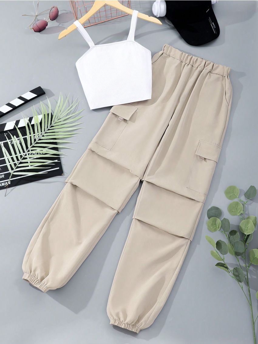 Teen Girls' Solid Color Camisole Top And Drawstring Waist Pants Set