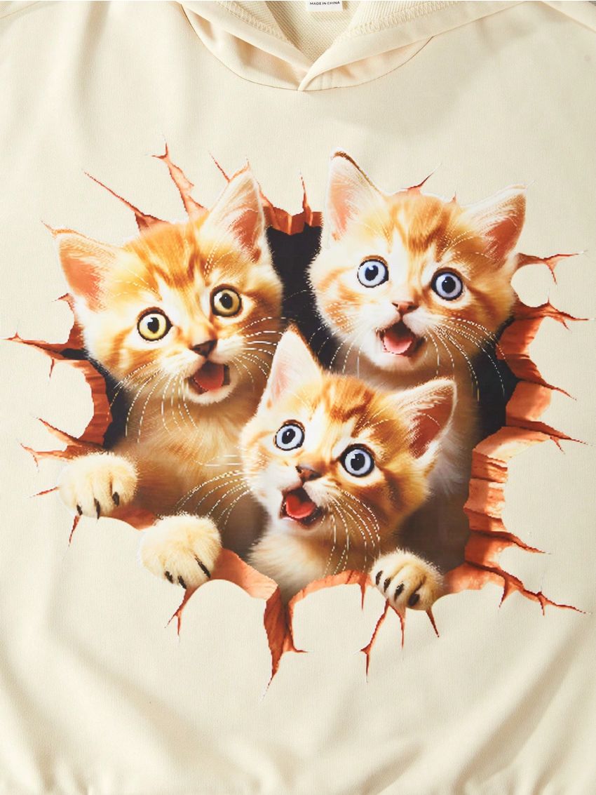 SHEIN Kids CHARMNG Girls' Hoodie With Cute Cat Print, For Tween