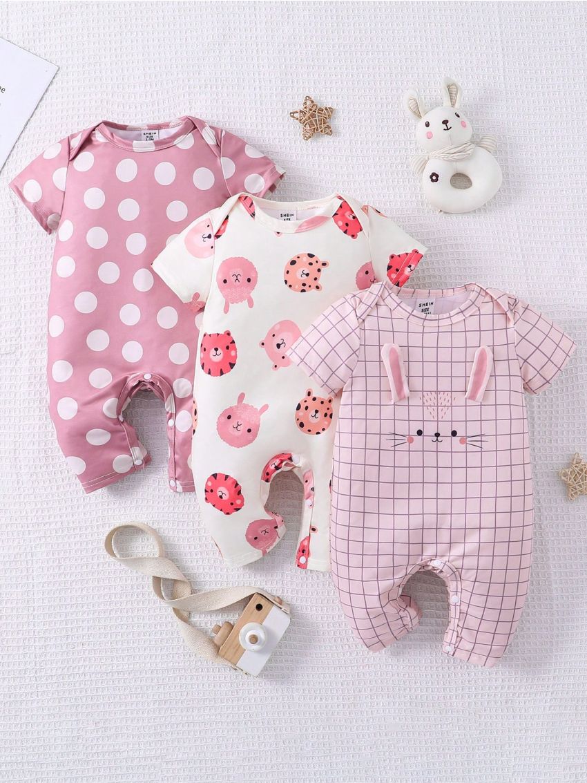 3pcs/Set Baby Girl Comfortable Jumpsuits, With Cartoon Rabbit & Sheep & Leopard & Polka Dot & Checkered Print, For Home Wear
