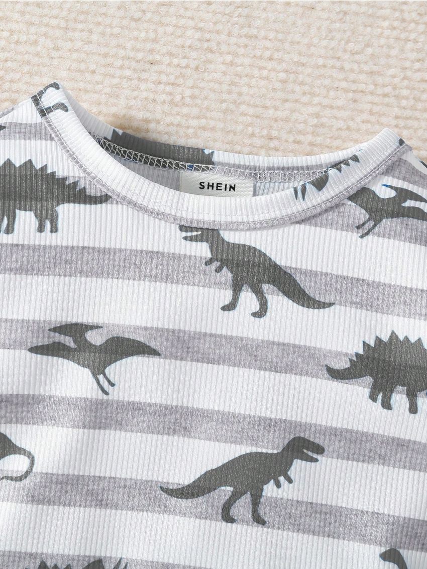 Baby Girl Striped & Dinosaur Skeleton Print PJ Set