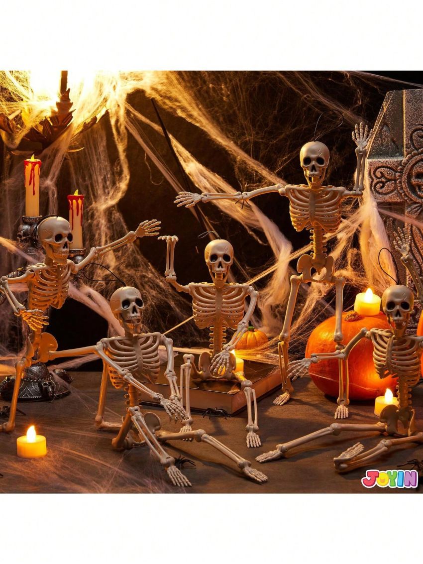 JOYIN 5 PCS Posable Halloween Skeletons 16 Inches Full Body Posable Joints Hanging Skeletons for Graveyard Decorations, Haunted House Accessories, Spooky Scene Party Favors