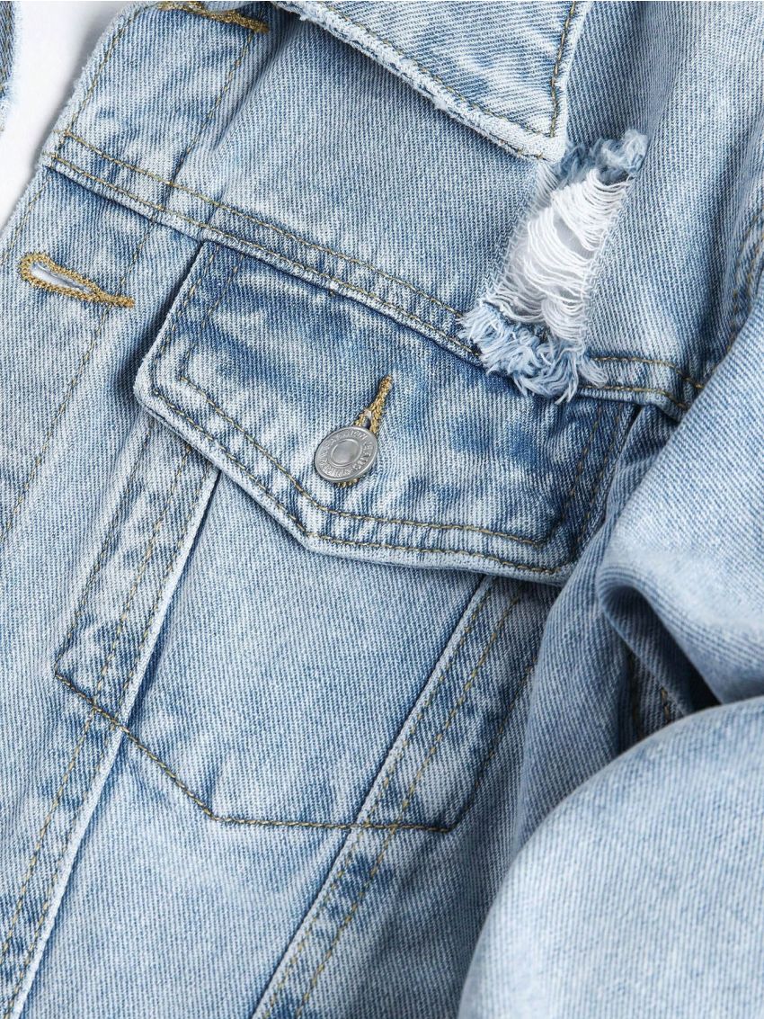 Boys' Broken Hole Denim Jacket With Slogan Print