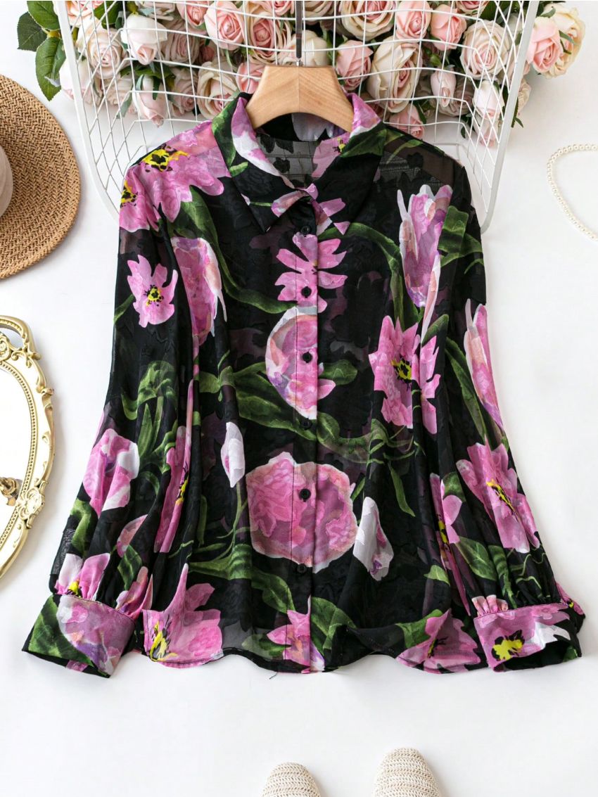 SHEIN Privé Plus Size Floral Long Sleeve Shirt