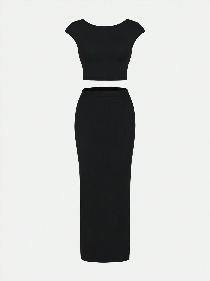 Teen Girl Solid Color Slim Fit Top And Skirt Set