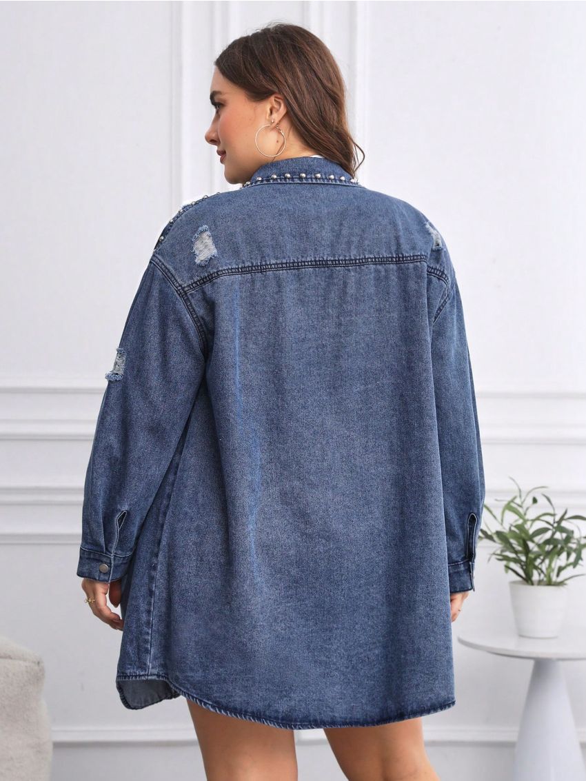 SHEIN Privé Plus Size Women's Denim Jacket With Button-front Closure, Flip Chest Pockets And Stud Embellishments