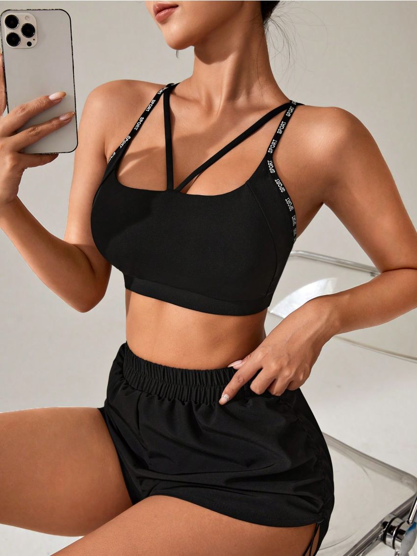 Women's Letter Print Circular Decor Back Design Sports Bra