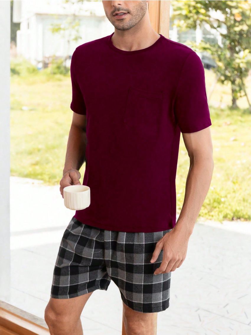 Men Solid Tee & Plaid Print Shorts