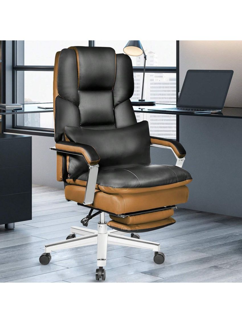 SeekFancy Reclining Office Chair with Footrest O203, Big and Tall Office Chair 500lbs Wide Seat with 170° Backrest, Black Pu Leather Managerial Desk Chair, High Back Large Executive Office Chair