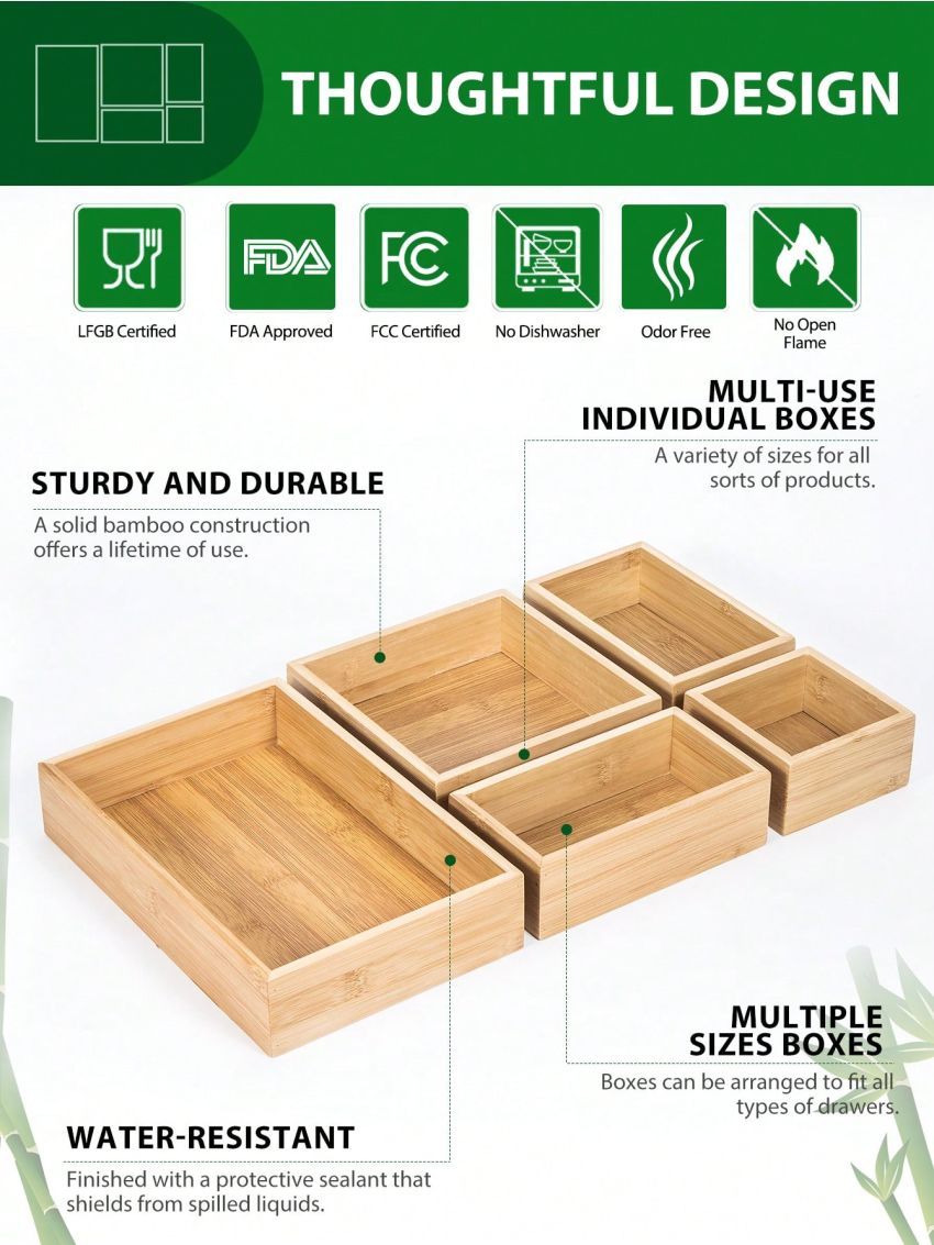 SHEIN Basic living 1Pc Bamboo Drawer Organizer,5 Sizes available Adjustable Kitchen Drawer Organizer Utensils Bamboo Organizers Silverware Storage Box Cutlery Tray Multi-Use,Versatile Dividers Cutlery Holders Bins Containers for Flatware Kitchen