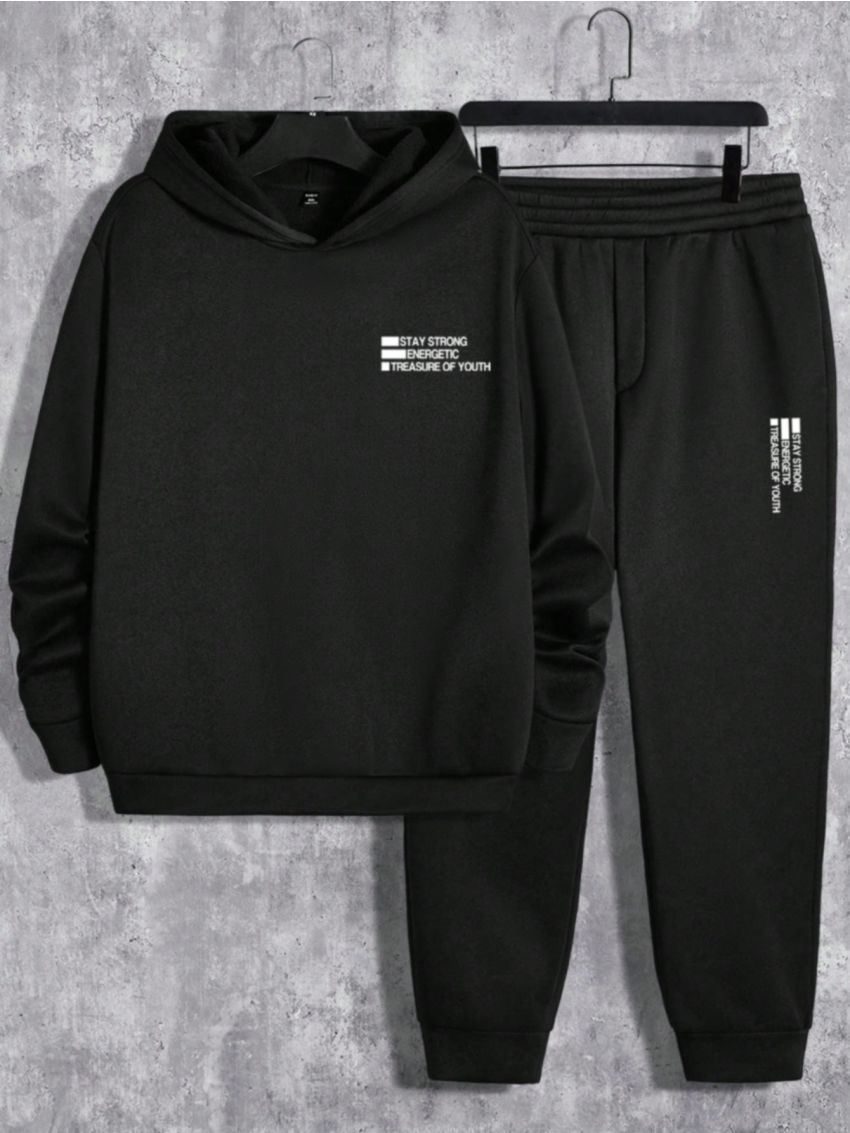 Men'S Plus Size Letter Printed Hooded Sweatshirt And Pants Set