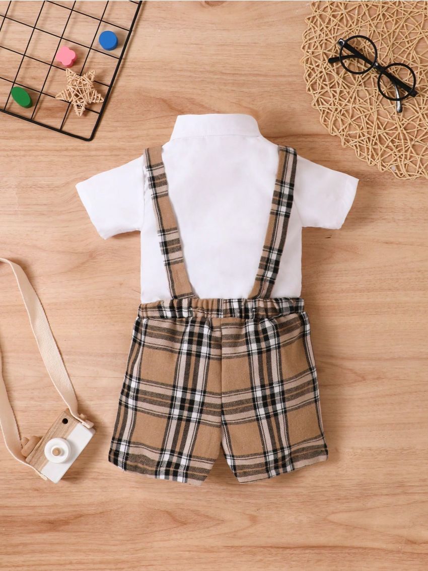 Baby Boy's Plaid Bowtie Short Sleeve Suspender Pants Gentleman Outfit
