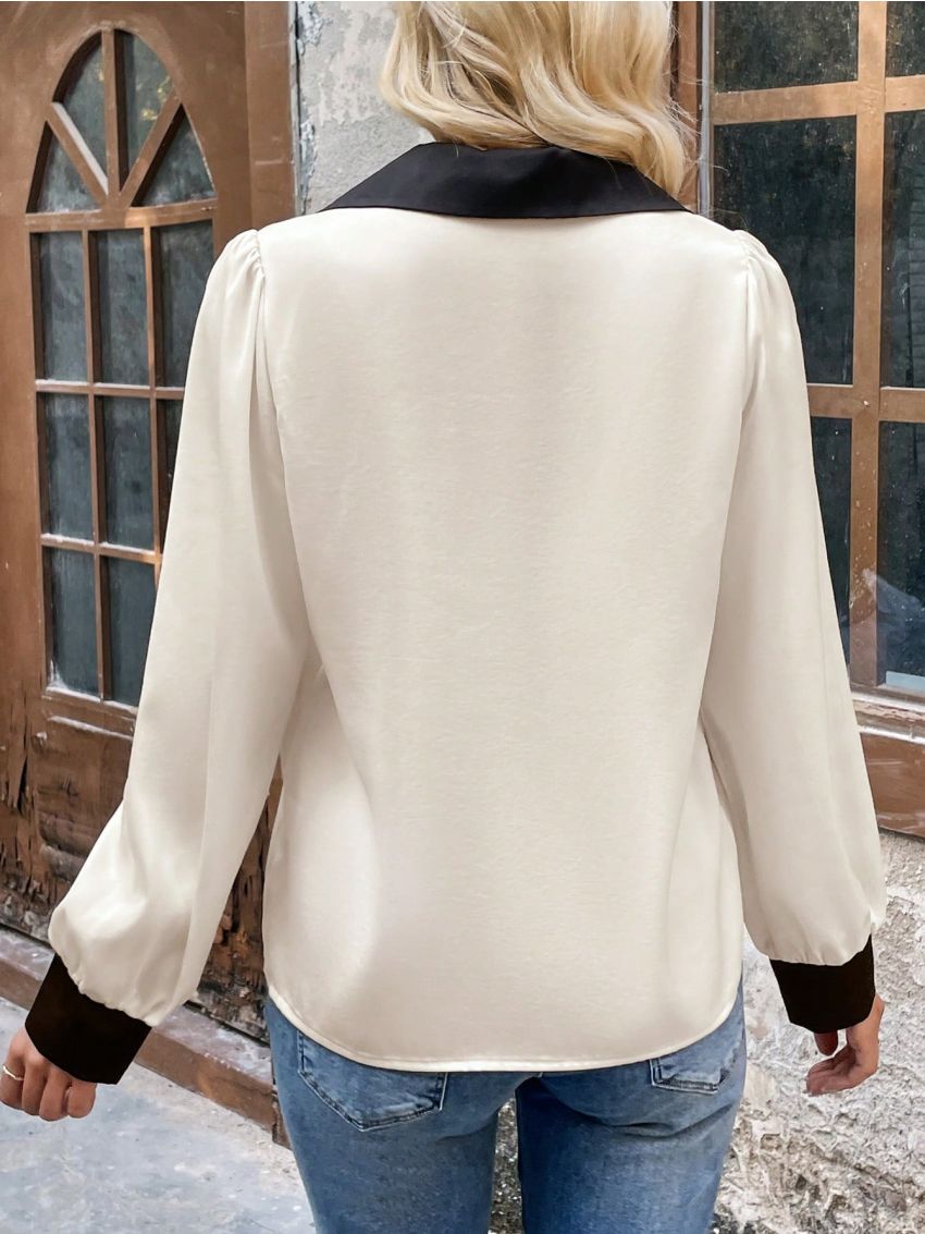 Women'S Contrast Color Lapel Collar Long Sleeve Shirt