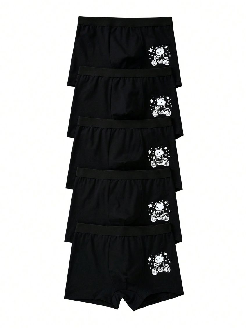 Boys' Comfy Stretchable Black 5pcs Bear Pattern Boxer Brief Set
