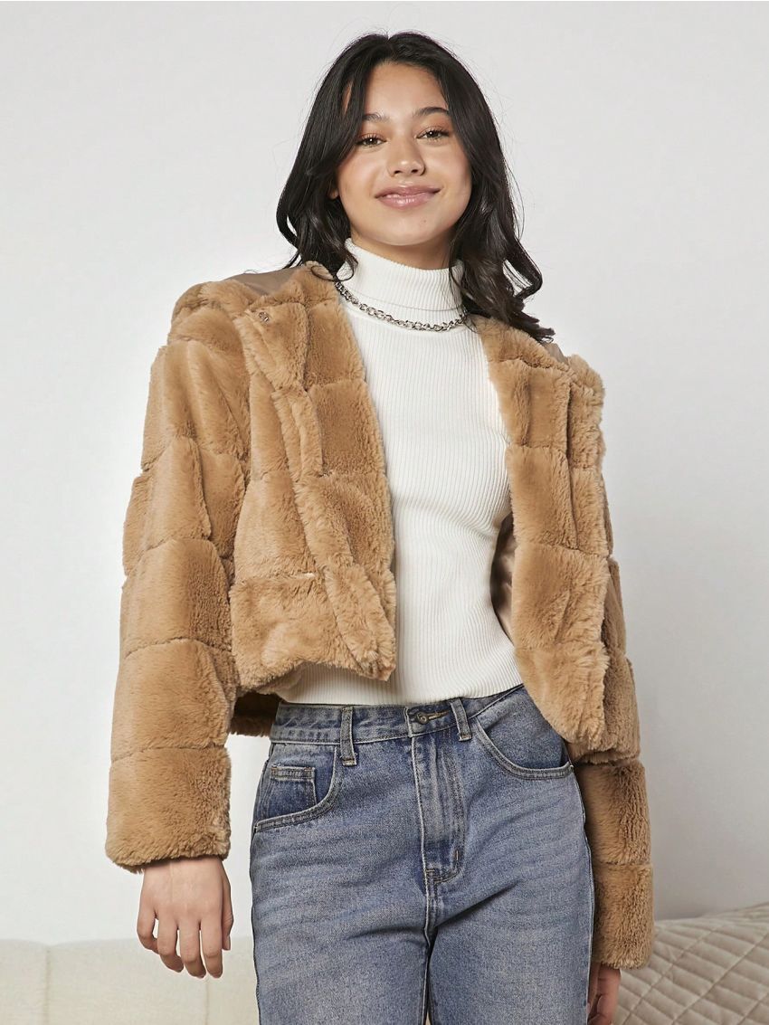 Teen Girl Open Front Hooded Teddy Jacket