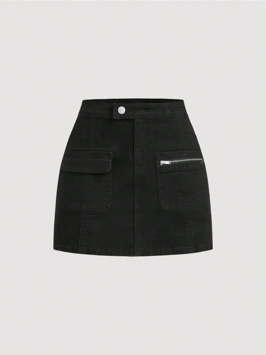 SHEIN Teen Girls' Solid Color Zip-Front Denim Skirt