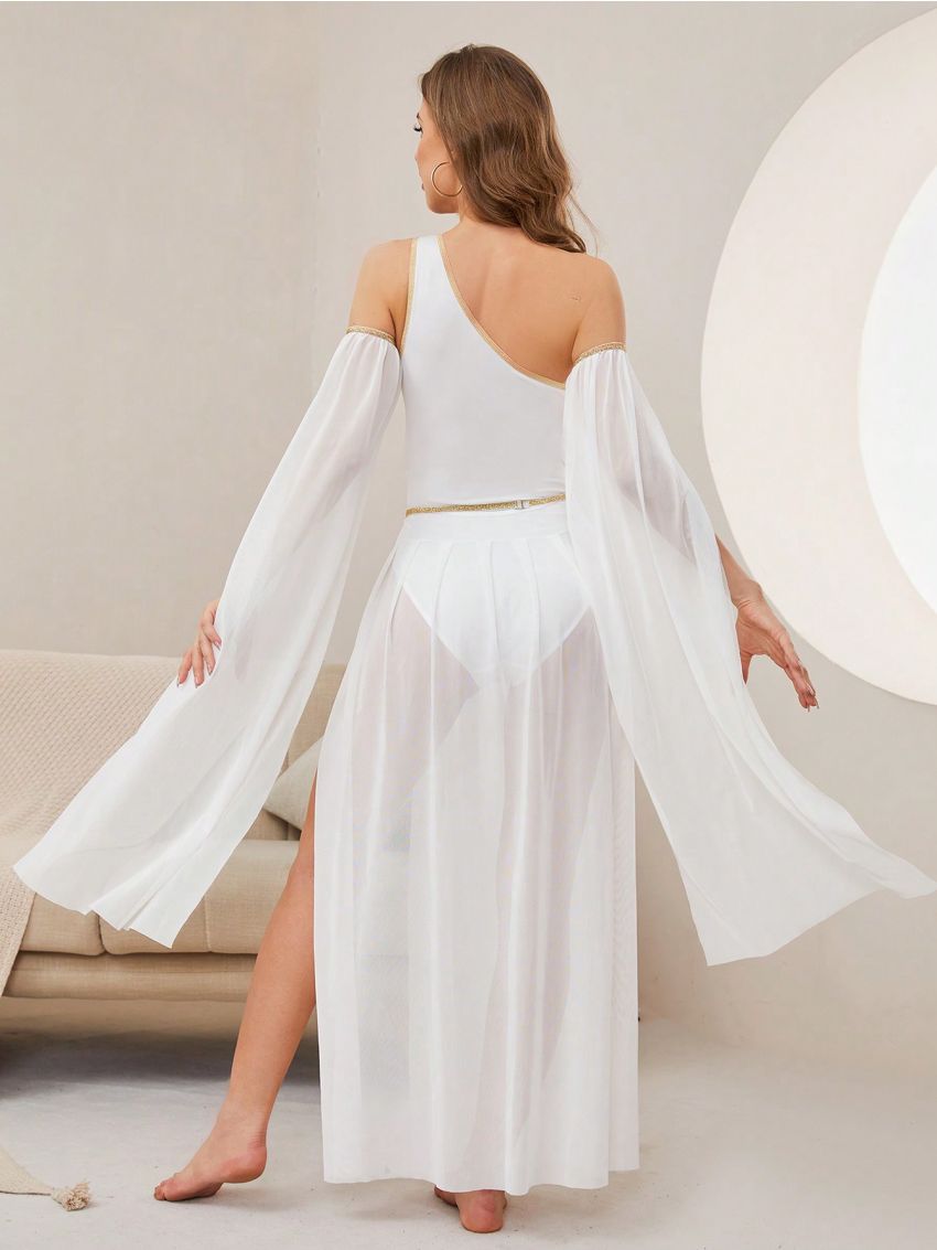 One Shoulder Jumpsuit + High Slit Mesh Skirt + 1pair Arm Sleeves + Waist Chain Costume Set