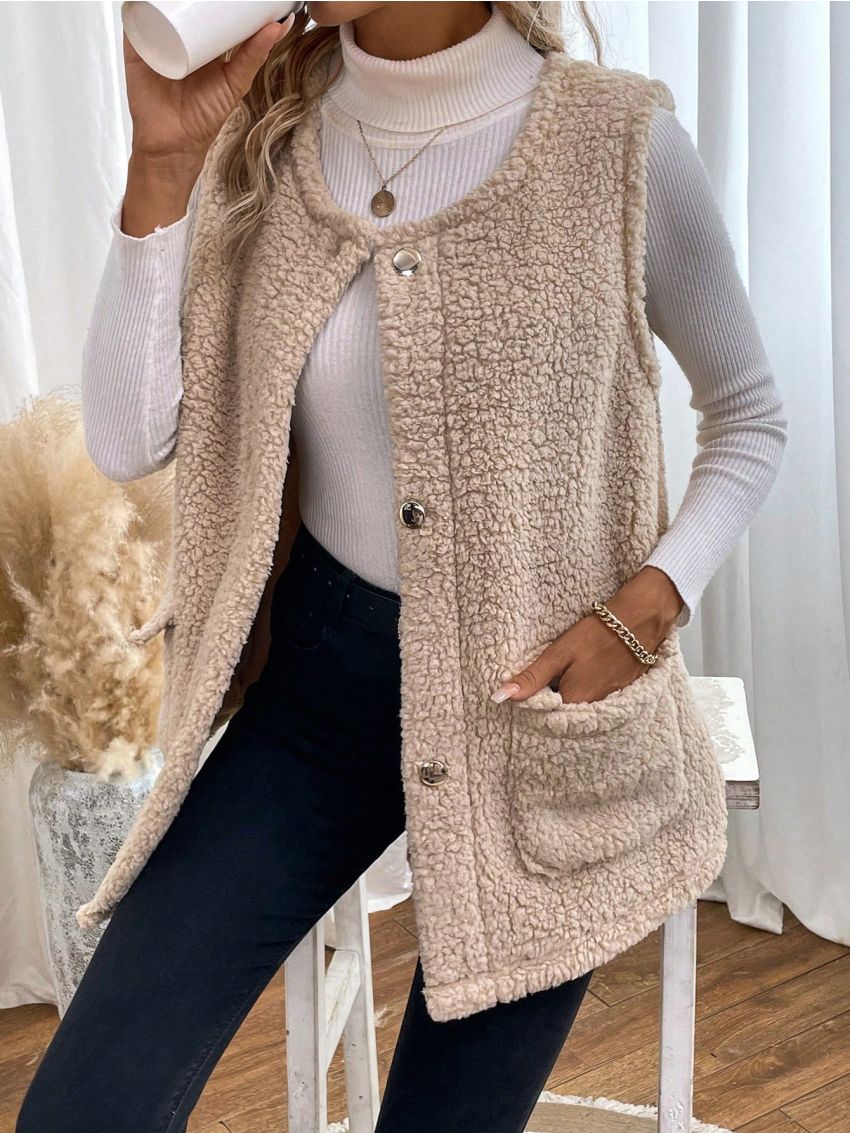 SHEIN LUNE Women'S Sherpa Single-Breasted Sleeveless Jacket
