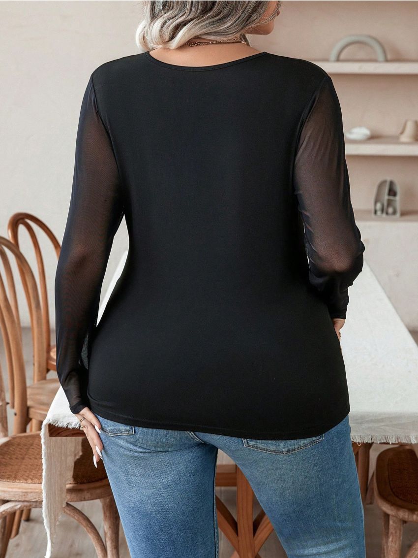 SHEIN Privé Plus Contrast Mesh Sleeve Half Zip Tee