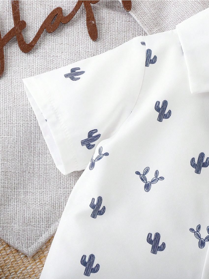 Baby Boy Casual And Cute Overall Shorts & Cactus Printed Button-Up Shirt Gentleman Outfit For Summer