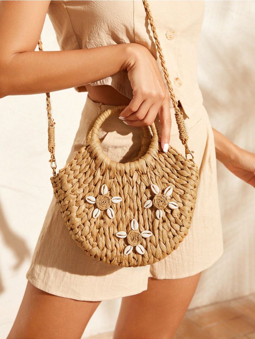 SHEIN VCAY Shell Decor Straw Crossbody Bag