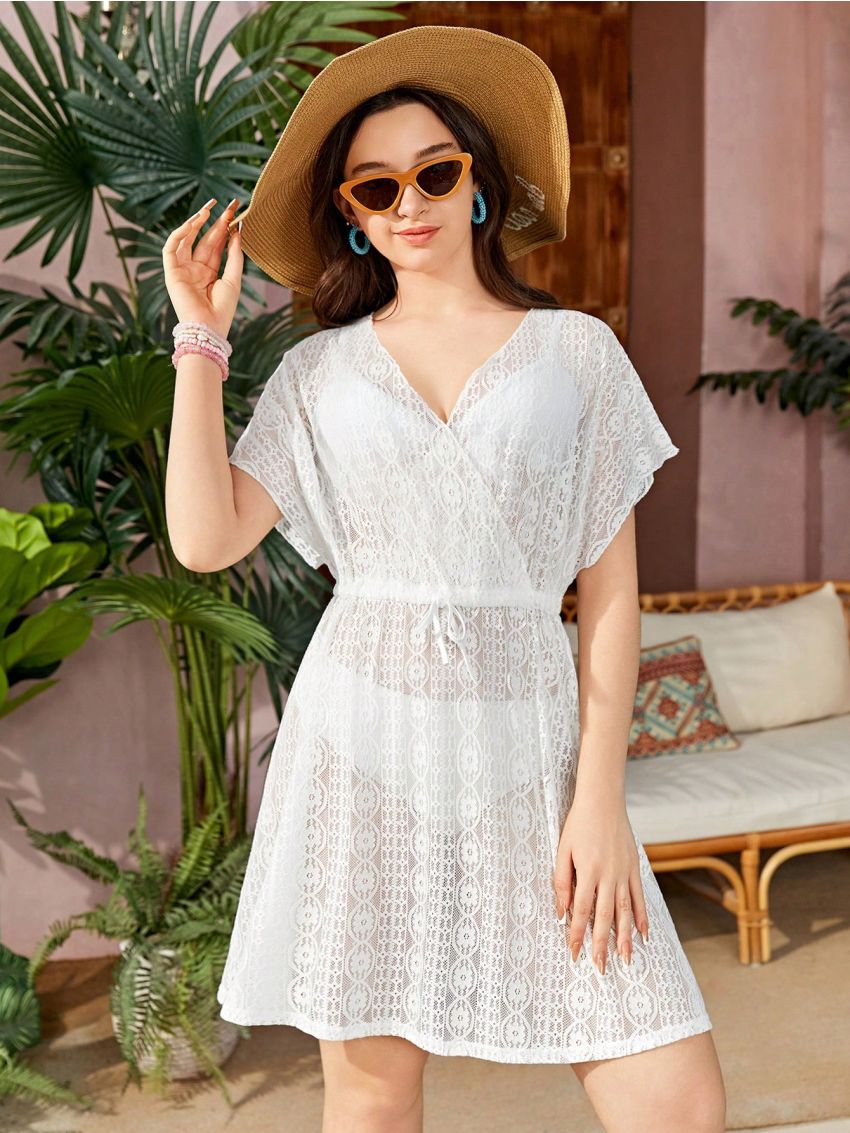 SHEIN Teen Girls' Knitted Hollow Out Lace-Up Cover Up With Waist Tie, Solid Color