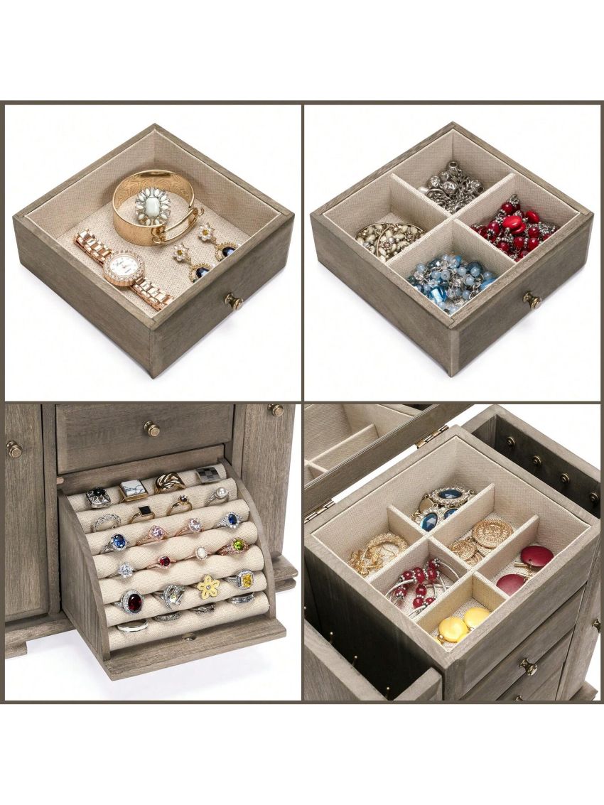 Jewelry Box for Women, Rustic Wooden Jewelry Boxes & Organizers with Mirror, 4 Layer Jewelry Organizer Box Display for Rings Earrings Necklaces Bracelets