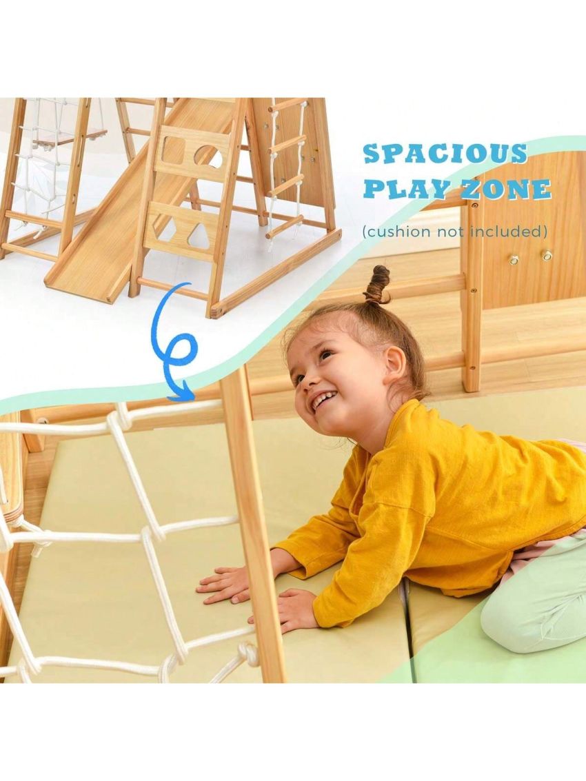 Merax Wooden Indoor Kids Playground Jungle Gym with Slide, Toddlers Wooden Climber 8-in-1 Slide Playset, Wooden Rock Climbing Wall with Rope Wall Climb, Monkey Bars, and Swing for Kids