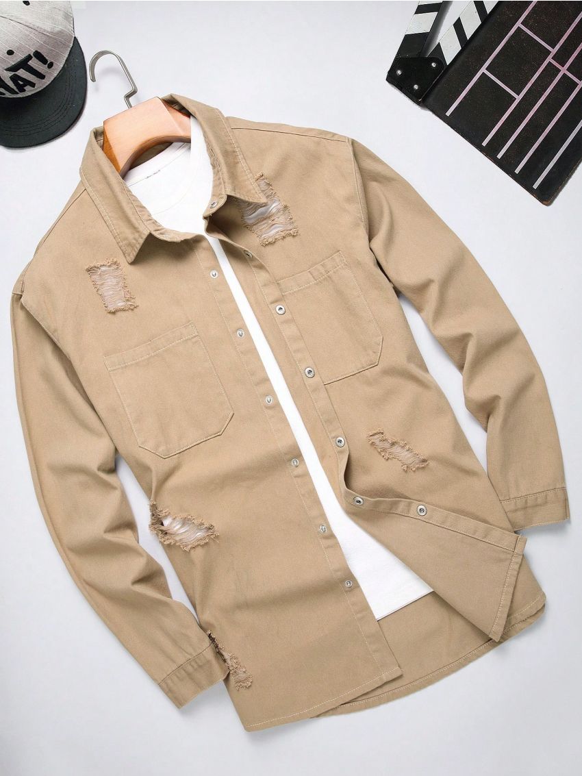 Extended Sizes Men's Plus Size Solid Color Turn-down Collar Distressed Denim Shirt With Front Button Closure