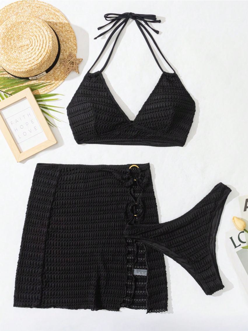 SHEIN Swim Vcay Ladies' Solid Color Halter Neck Two-Piece Swimsuit