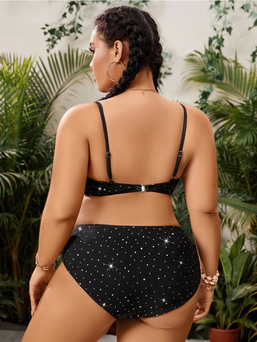 SHEIN Swim Vcay Plus Size Shiny Black Swimwear Set, Two Piece Separates