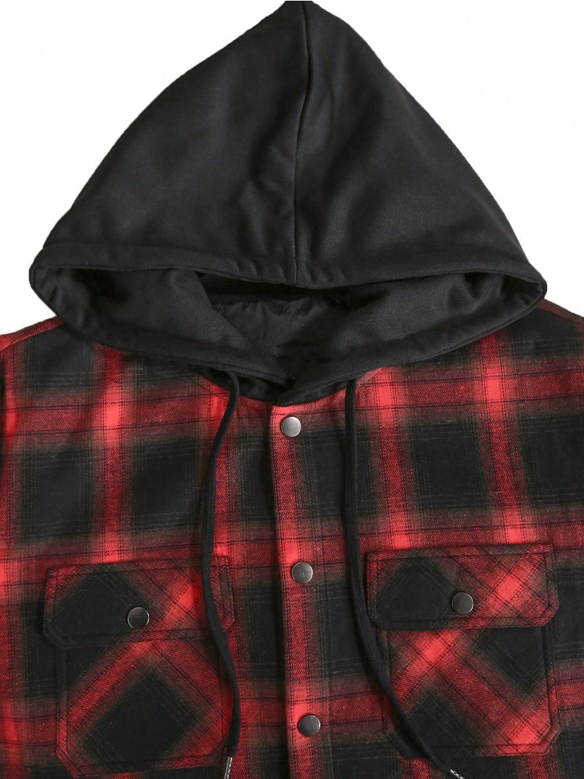 Manfinity Sporsity Men Plaid Print Flap Pocket Drawstring Hooded Shirt