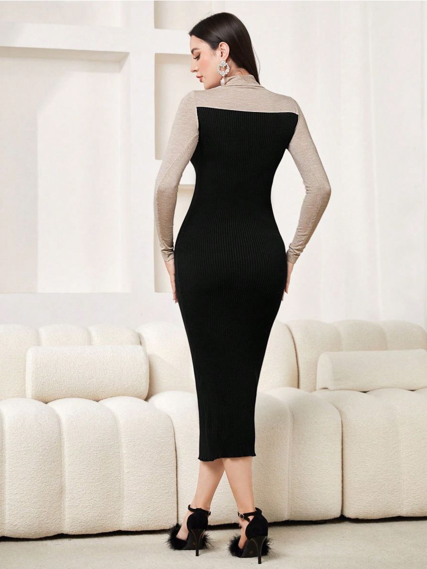 SHEIN Modely Color Blocked Long Sleeve High Neck Bodycon Sweater Dress