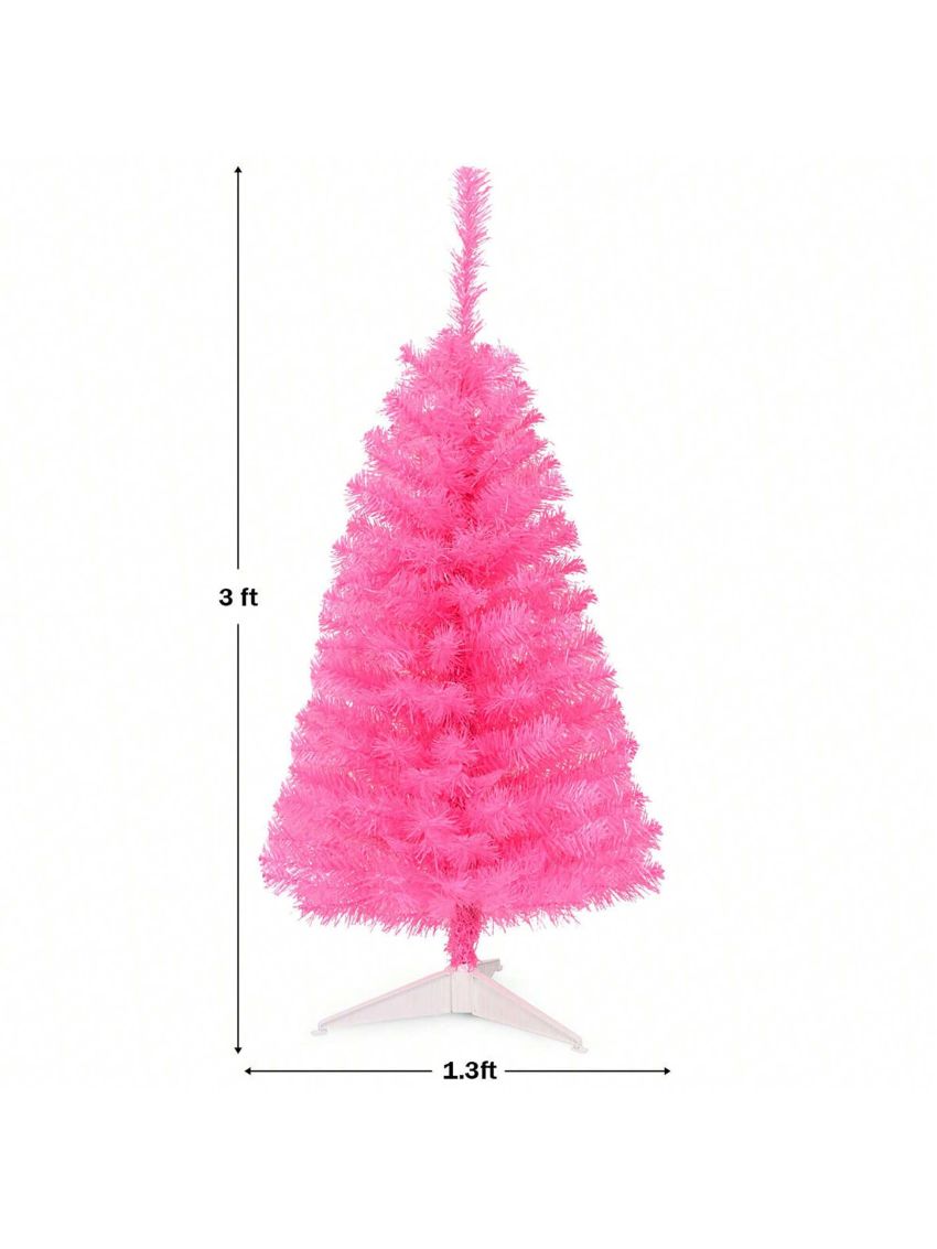 Costway 3 ft Premium Artificial Christmas Mini Tree Holiday Season Pink w/ Plastic Stand